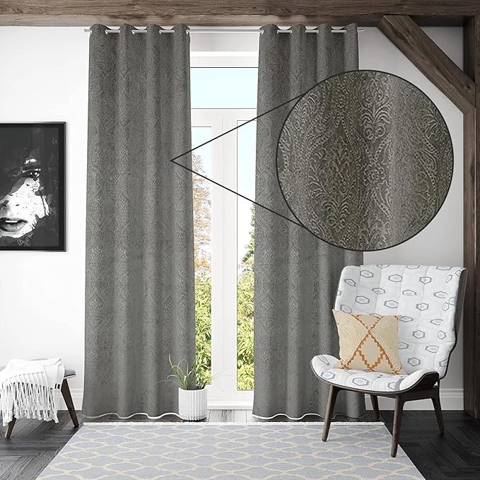 Loomlyfe Damas Heavy Soft Thick Premium Designer Room Darkening Blackout Window Curtain | 2 Pieces | 5 Feet | Grey