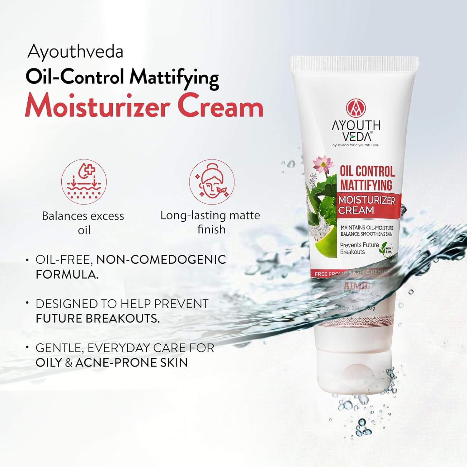Ayouthveda Oil Control Moisturizer for Oily & Acne-Prone Skin | Lightweight, Hydrating & Mattifying Formula with Garcinia, Green Tea & Coconut Water | 60g (Pack of 1)