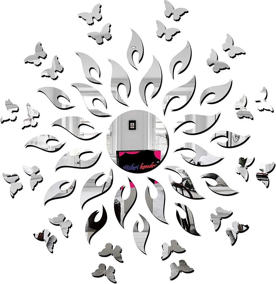 Bikri Kendra ARTBK67 Sun Silver with Butterfly Silver 20 Decorative Mirror Stickers for Wall