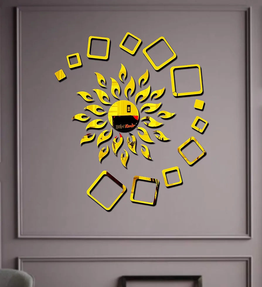 Bikri Kendra Sun Golden with 2 Set Square Golden Decorative Mirror Stickers for Wall 3D Acrylic Stickers