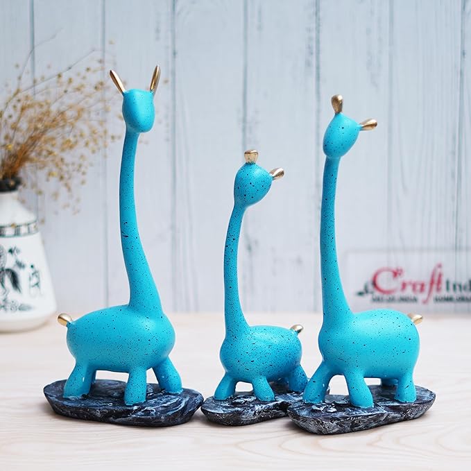 Ecraftindia Set of 3 Blue Polyresin Cute Giraffe Statues Animal Figurines