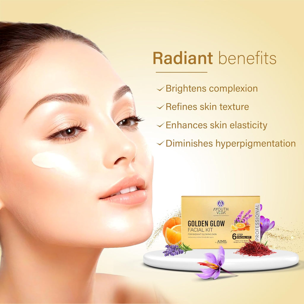Ayouthveda Golden Glow Facial Kit | Bright & Glowing Skin 45g | Ayurvedic Facial with Turmeric, Saffron & Herbal Oils | Instant Brightening & Radiant Glow | For All Skin Types