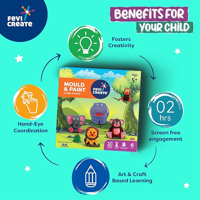 Fevicreate Diy Mould and Paint Jungle Animals Craft Kit Kids Diy Craft 5 Years Diy Craft and Paint Kit