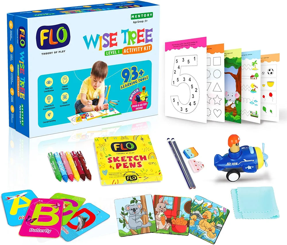 FLO Wisetree Level 1 Preschool Learning Activity Kit for Toddlers Age 5+ 93+ Early Learning Tools Birthday Gift Puzzle, Push-n-go Toy
