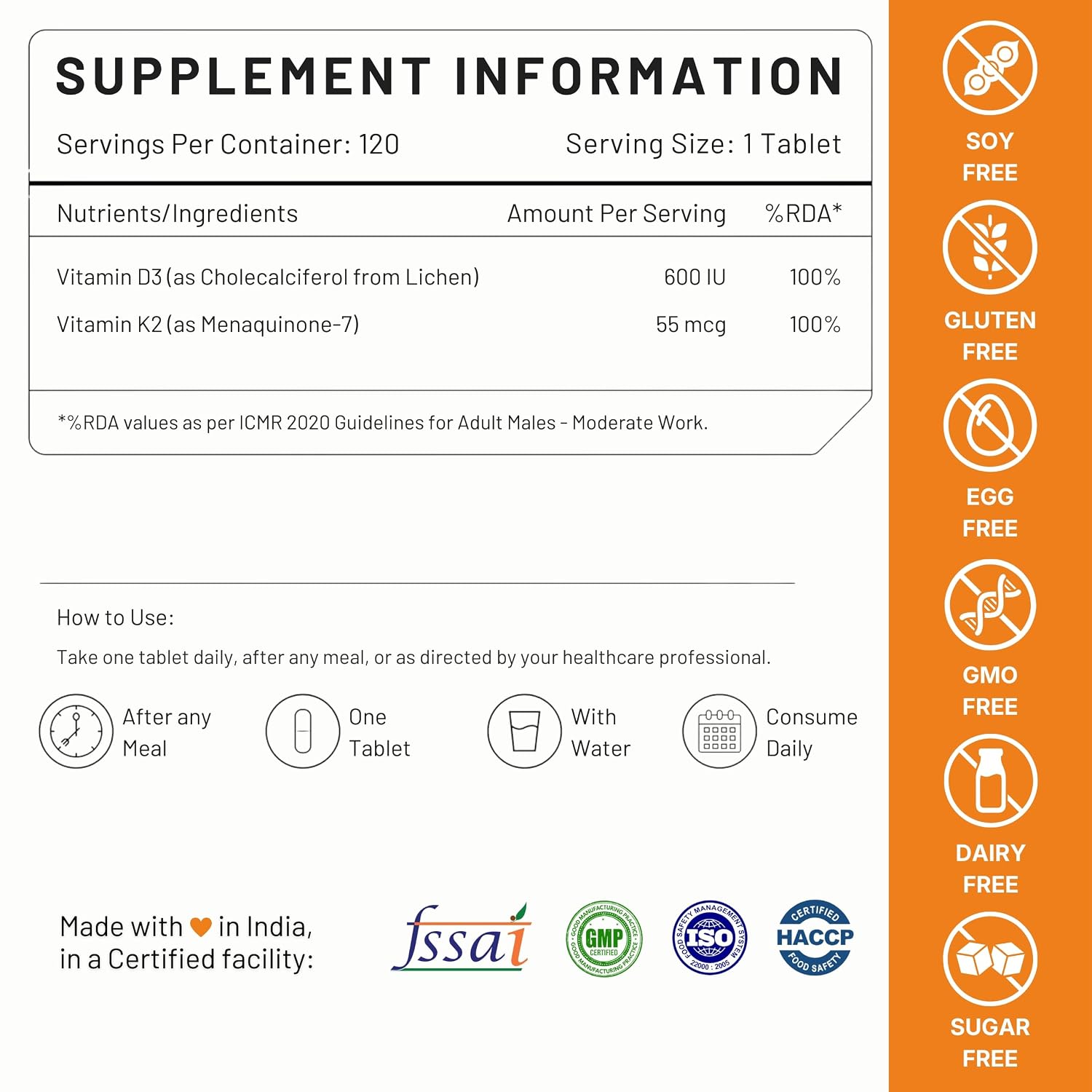 Nutrabud Vitamin D3 K2 MK7-120 Veg Tablets - 600 IU - 100% RDA Plant-Based Vitamin D3 Supplement from Lichen Source with Vitamin K2 as MK7 Menaquinone (Pack of 1)