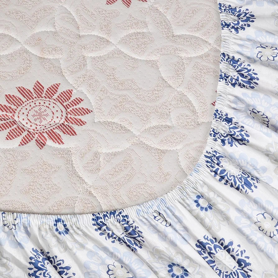Divine Casa Blue and Grey Floral Pattern 144 TC 100% Cotton Elastic Fitted Printed Queen Size Double Bed Bedsheet with 2 Pillow Cover for Bedroom
