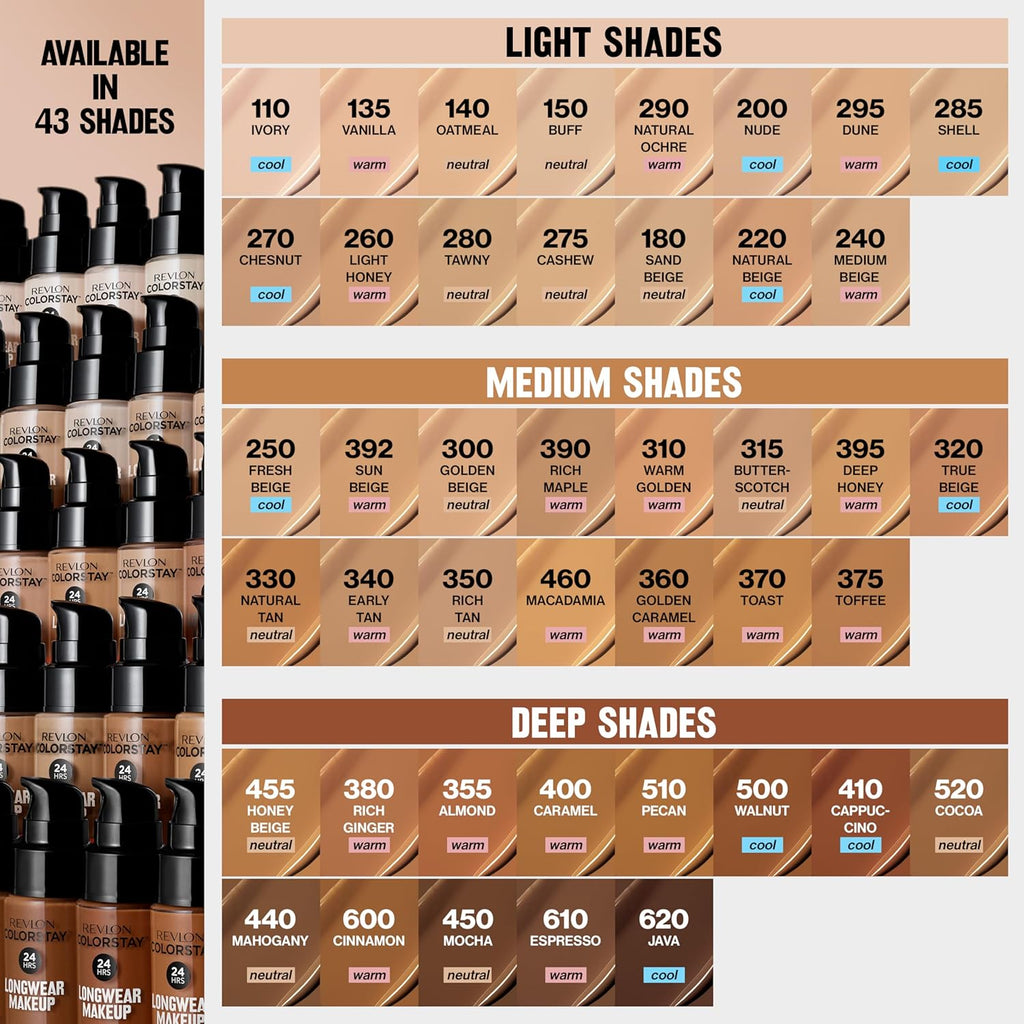Revlon Liquid Foundation, ColorStay Face Makeup for Combination & Oily Skin, SPF 15, Medium-Full Coverage with Matte Finish, 400 Caramel, 1 Fl Oz