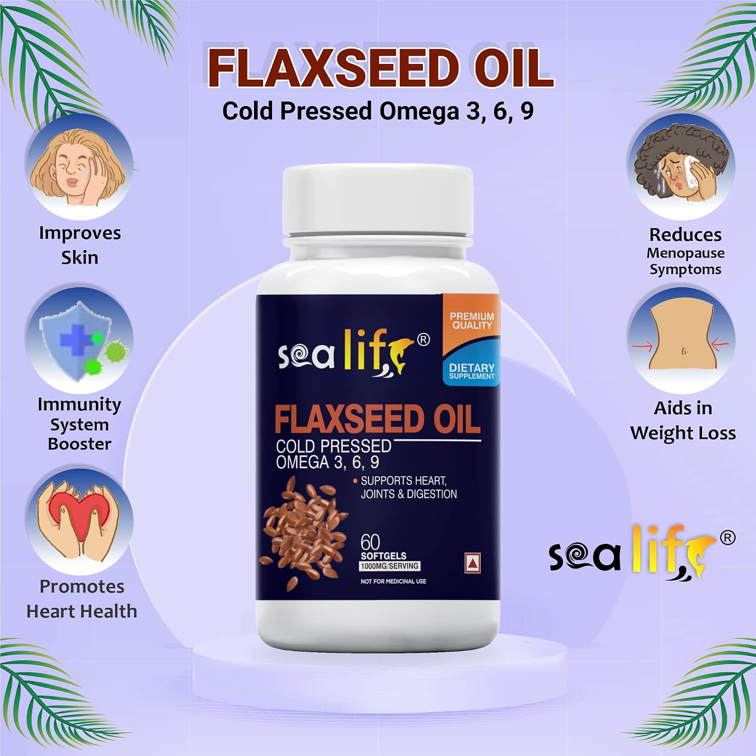 Sea Life Flaxseed Oil 1000 Mg Softgel Capsules | Omega 3,6,9 fatty acid | Supports Healthy Heart, Joints, Skin, Brain & Eyes | For Men & Women (60 Softgels Capsules) Pack of-1