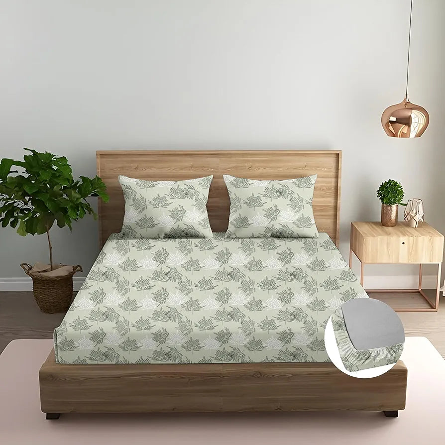 Trance Home Linen Pure 100% Cotton with 144 Thread Count gives an incredible smooth finish Elasticated Fitted Printed King Bedsheet with 2 Pillow Covers 144 tc Colour Ferns Paradise Green