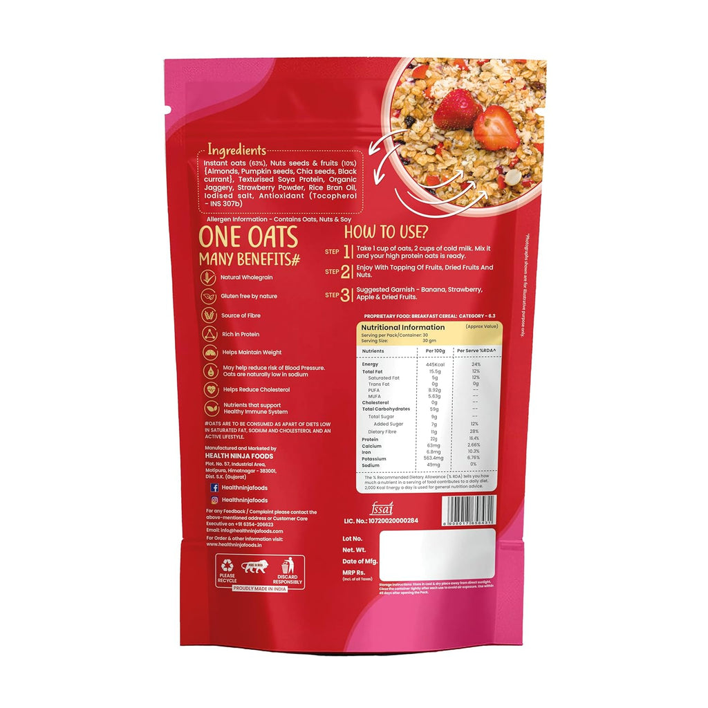 Health Ninja Strawberry Oats | High Protein Breakfast Cereal | Ideal for Oatmeal & delicious snacks | 900 gm Pack (900, Strawberry)