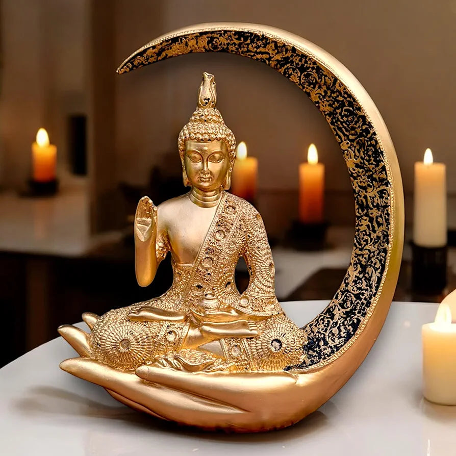 Neelaya Antique Meditating Moon Buddha Showpiece Polyresin Idol Statue Gold