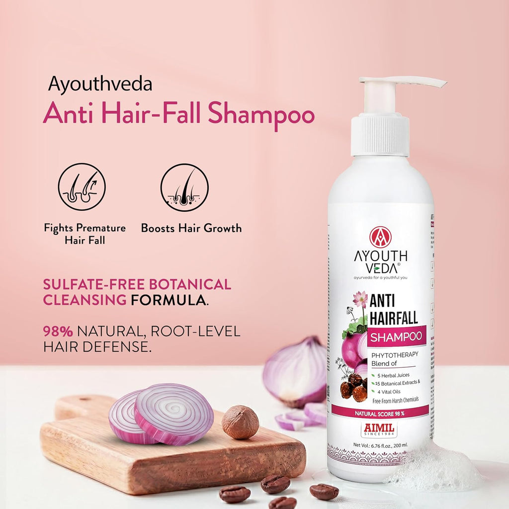 Ayouthveda Anti Hair Fall Shampoo with Onion & Coffee | Natural Formula with Aloe vera, Reetha, Shikakai & Neem | Reduces Hair Fall, Improves Hair Density & Scalp Health | 200 ml (Pack of 1)