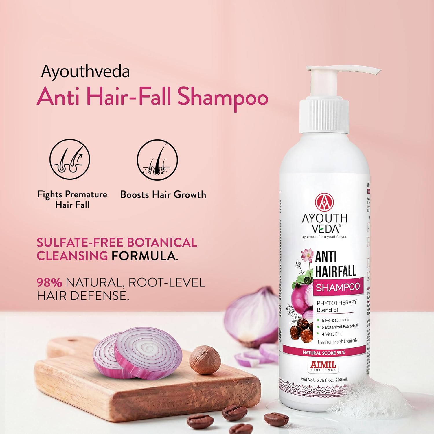 Ayouthveda Anti Hair Fall Shampoo with Onion & Coffee | Natural Formula with Aloe vera, Reetha, Shikakai & Neem | Reduces Hair Fall, Improves Hair Density & Scalp Health | 200 ml (Pack of 1)