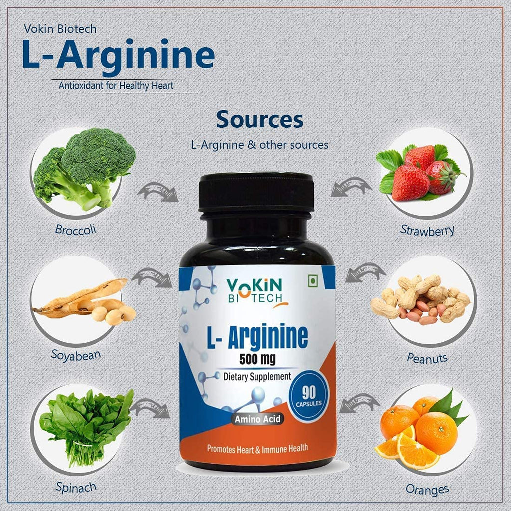 Vokin Biotech L Arginine 500mg 90 Capsules With Essential Amino Acid and Nitric Oxide