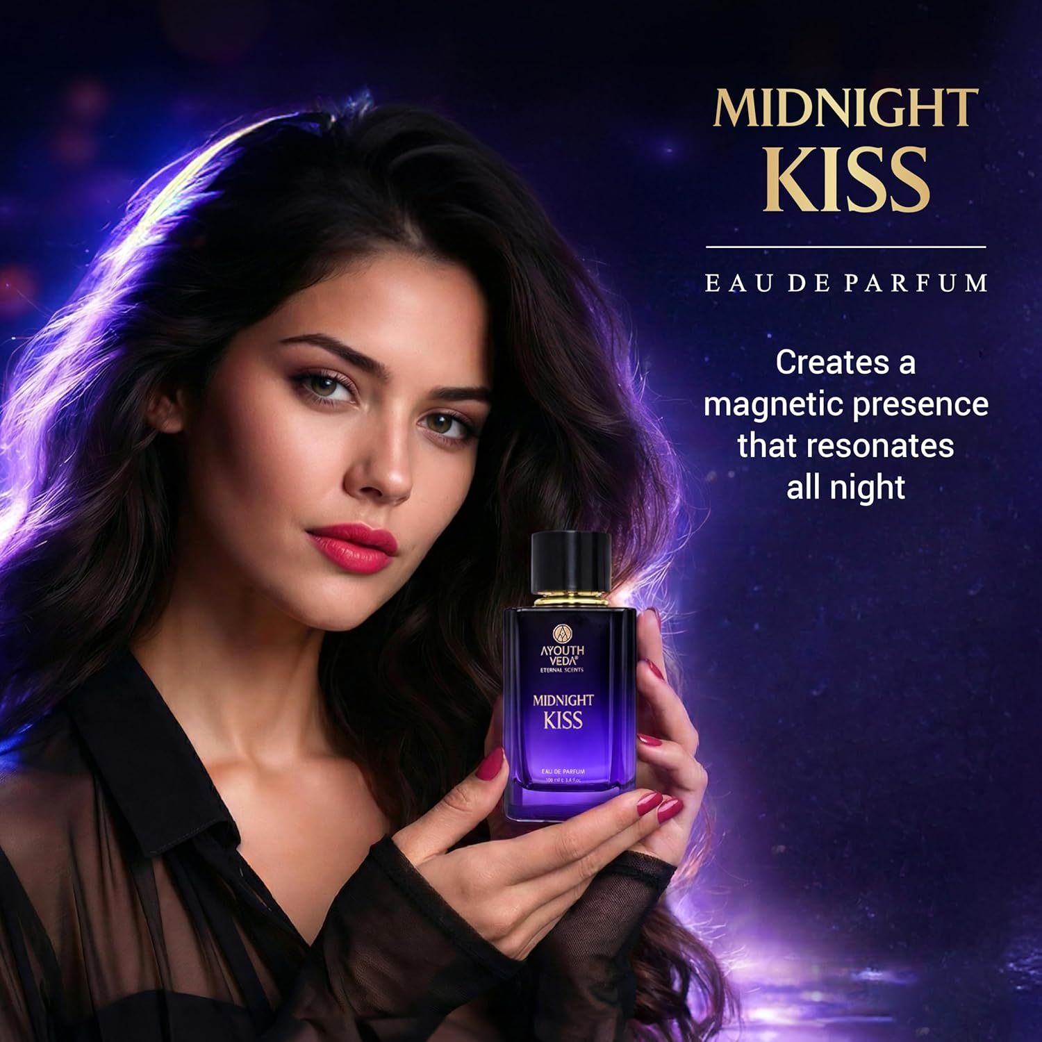 Ayouthveda Midnight Kiss Eau De Parfum for Women | Long Lasting Luxury Perfume | White Musk, Peach, Patchouli & Jasmine Notes | Elegant Evening Fragrance Spray | 100ml