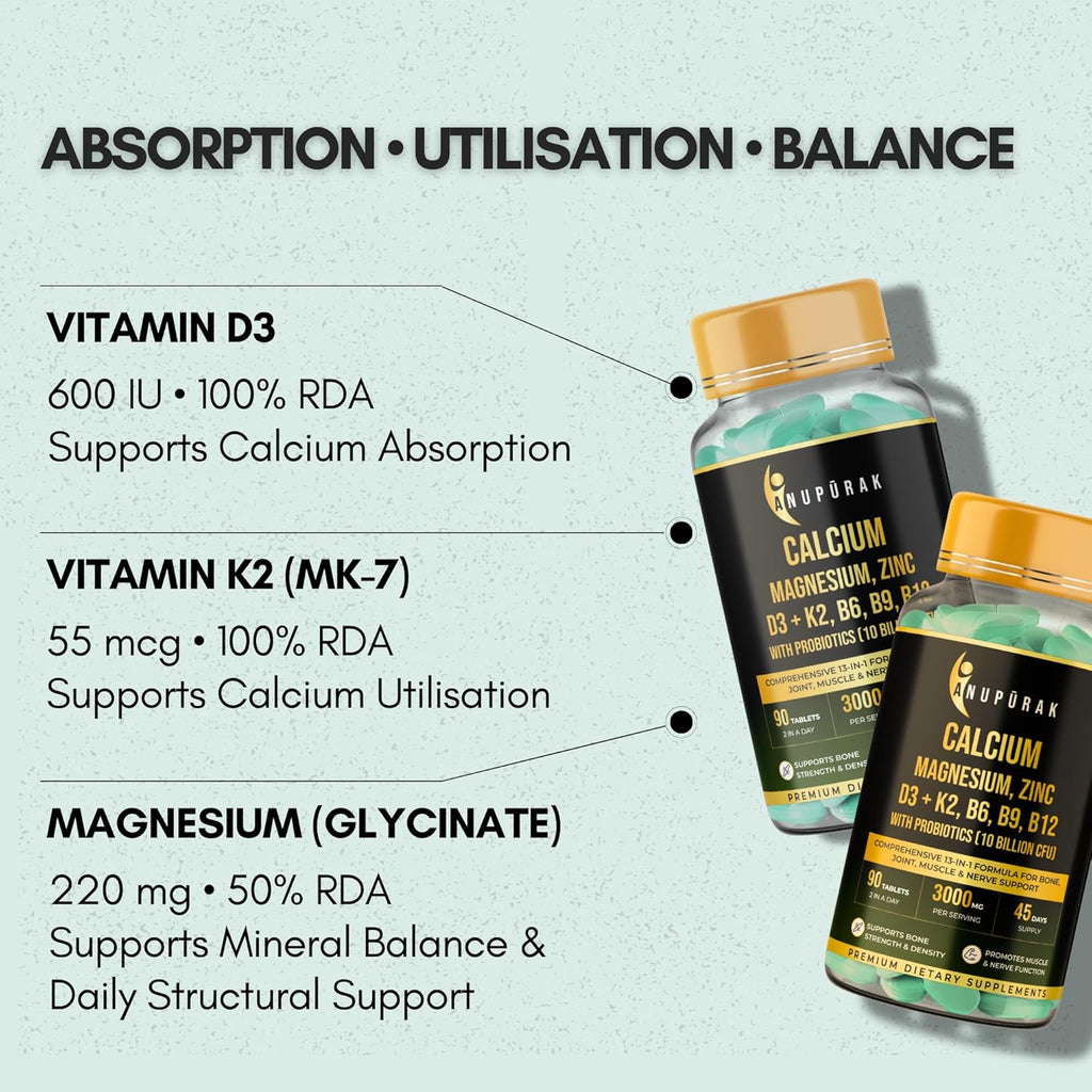 ANUPURAK Calcium and Vitamin D3 Tablets | 15 Actives: Calcium Magnesium Zinc with K2 MK-7 & Probiotics | Gentle on Stomach · High Absorption | Bone Health Supplement | 90 Veg Tablets (45 Days)