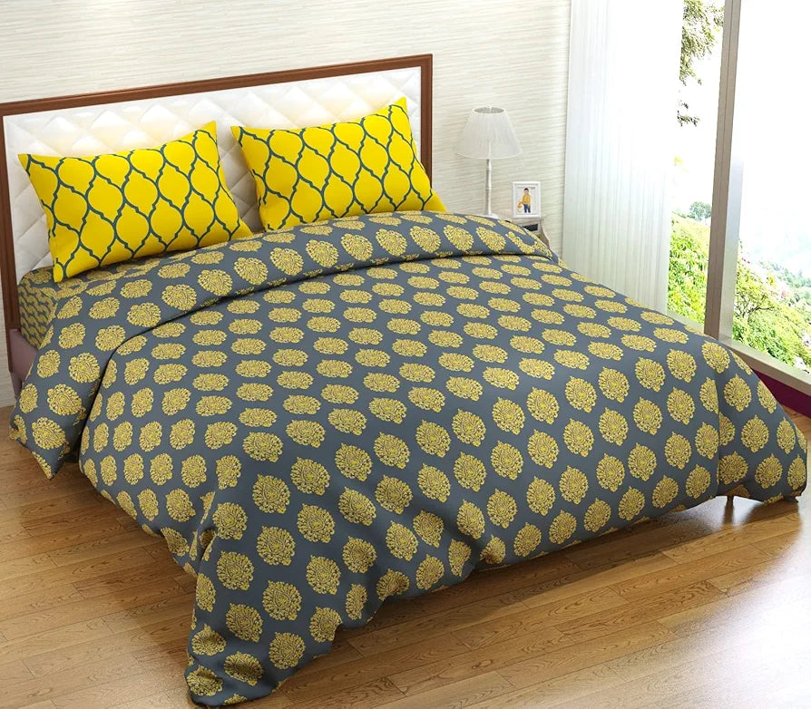 100% Cotton Printed Zippered Duvet Cover/Blanket/Quilt Comforter Cover/Razai Cover King Size with 2 Pillow CoversColour  Damask & Dori Mustard Yellow