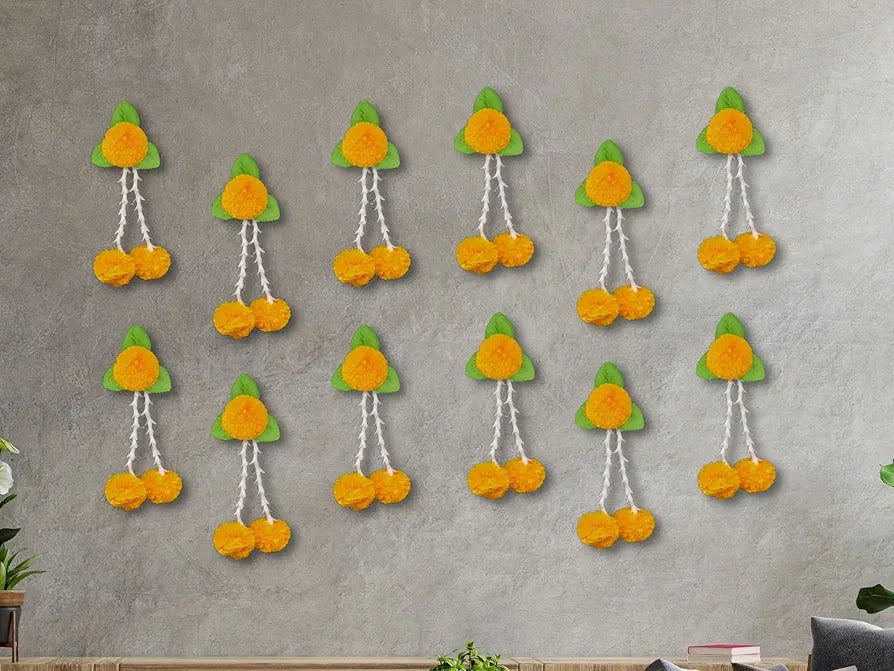 Plastic Artificial Flowers And Leaves Decoration Pack of 12 - L Orange & Green