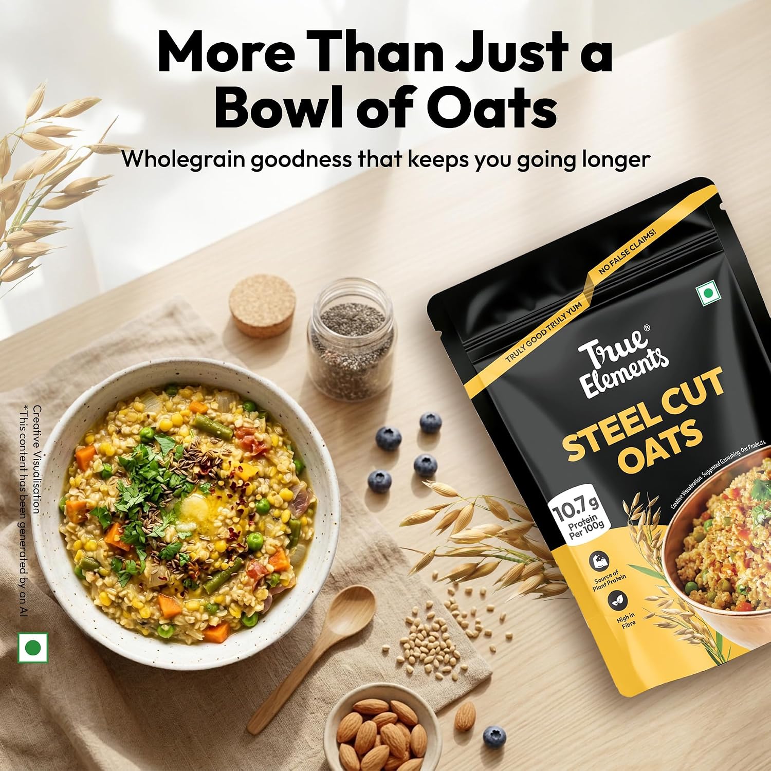 True Elements Steel Cut Oats 1kg - Steel Cut Oats for Weight Management | Sugar Free | Healthy Breakfast | 100% Wholegrain | Diabetic Friendly | Breakfast Cereal