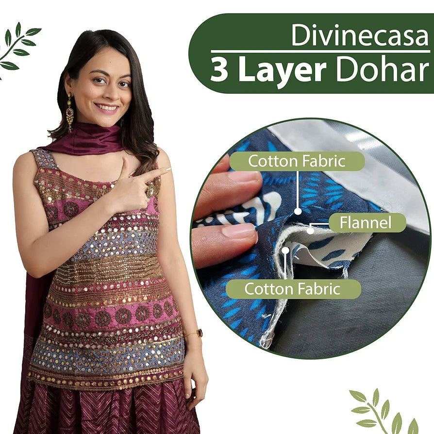 Divine Casa 120 GSM Glace Cotton Single Bed Dohar Lightweight AC Blanket Reversible Leaf Print Quilt Colour Garden Green