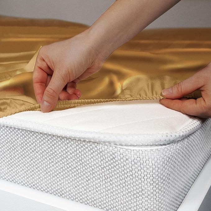 Stoa Paris Satin Elastic Fitted Bedsheets for Single Bed 300TC Premium 1 Pillow Cover Colour Gold