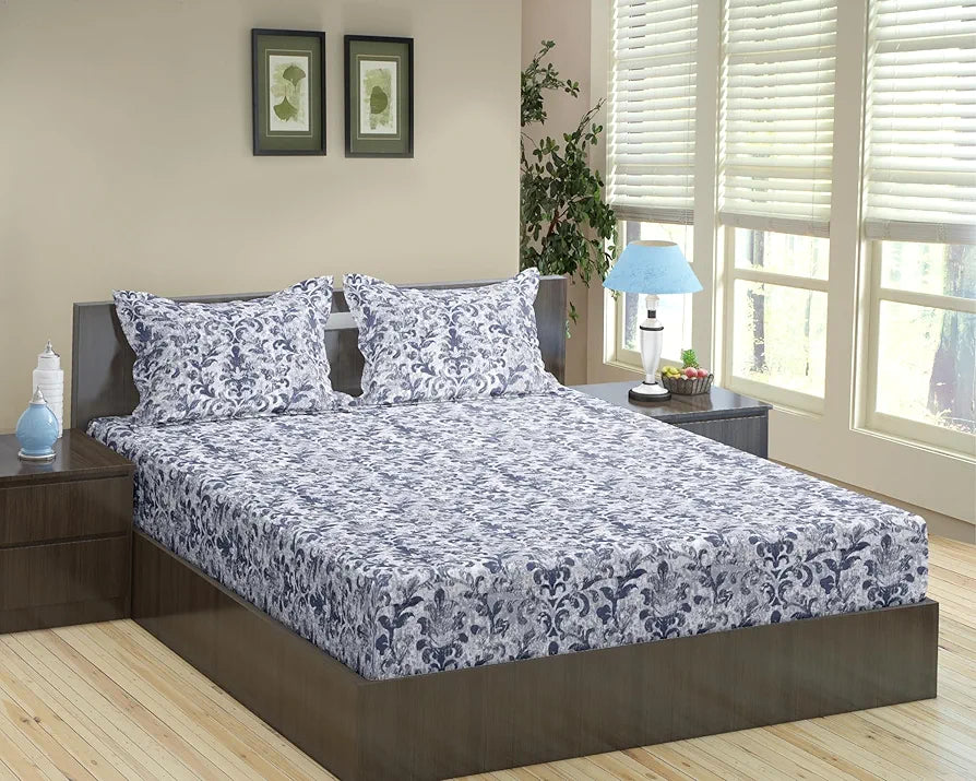 Trance Home Linen 180TC 100% Cotton 78"x60" Standard Queen Size Elastic Fitted Bedsheet Printed Queen Bed Size with 2 Pillow Covers Colour Royal Blue