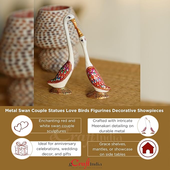 Ecraftindia Loving Swan Couple White Meenakari Metal Figurine