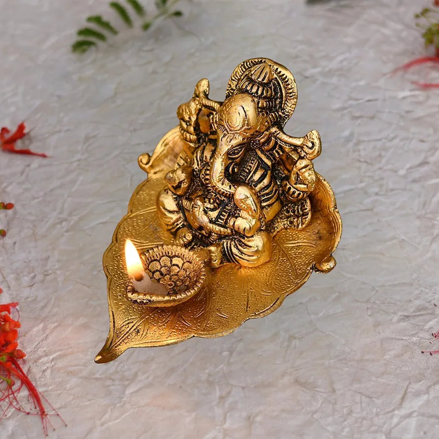 Chhariya Crafts Metal Ganesh Idol with Diya Deepak Showpiece - 8 cm