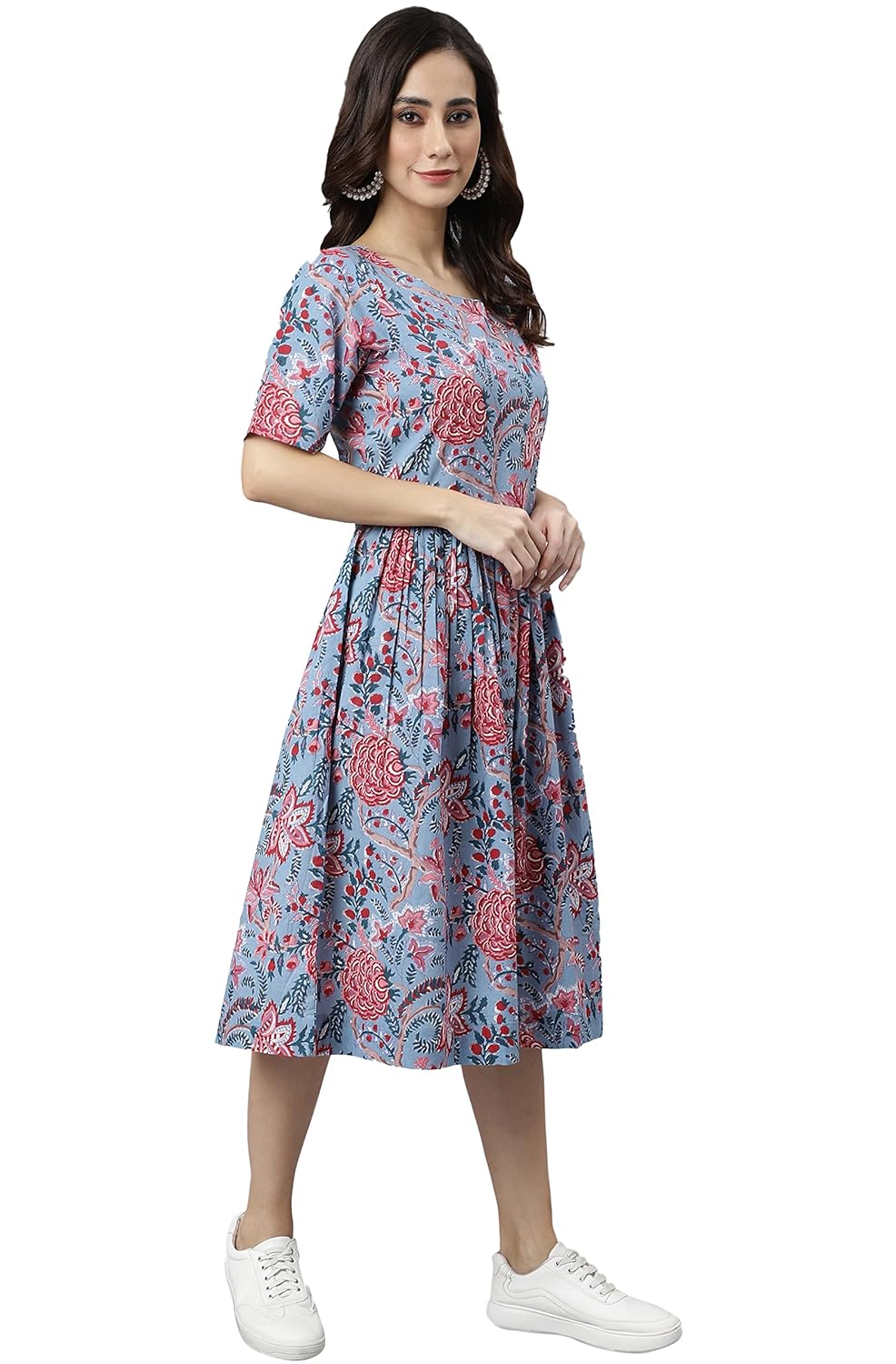 Janasya Women's Sky Blue Cotton Floral Print Flared Western Dress
