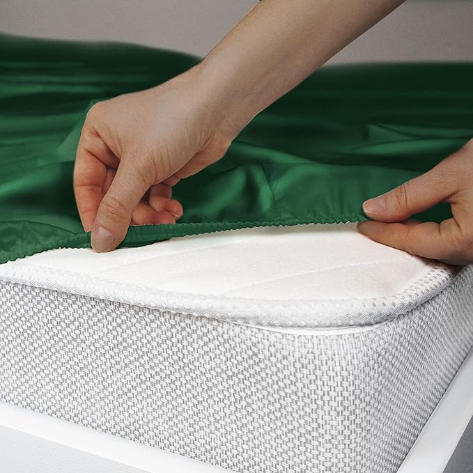 Stoa Paris Satin Elastic Fitted Bedsheets for Single Bed 300TC Premium 1 Pillow Cover Colour Emerald Green