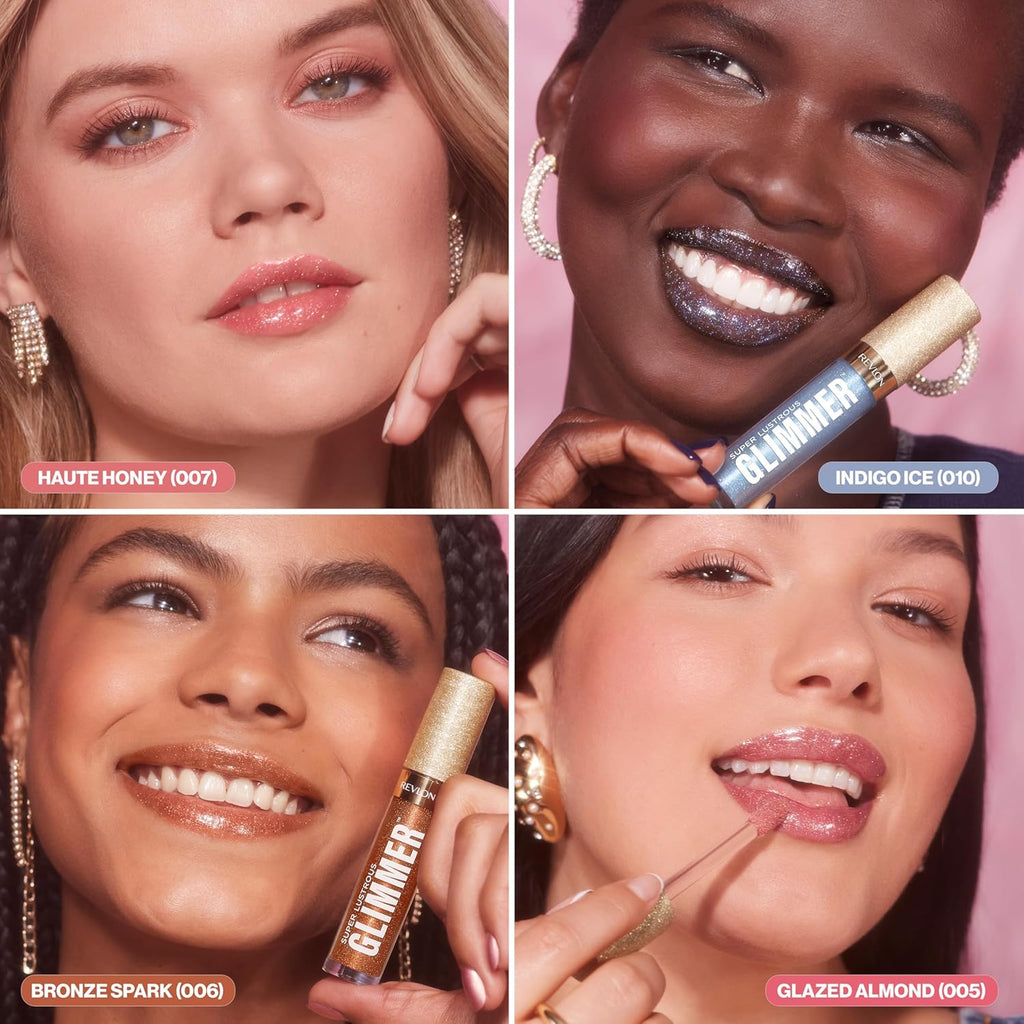 REVLON Super Lustrous Glimmer Gloss, Non-Sticky Lip Gloss, High-Shine Finish, Plant-Based Glitter, 005 Glazed Almond, 3.8 ml