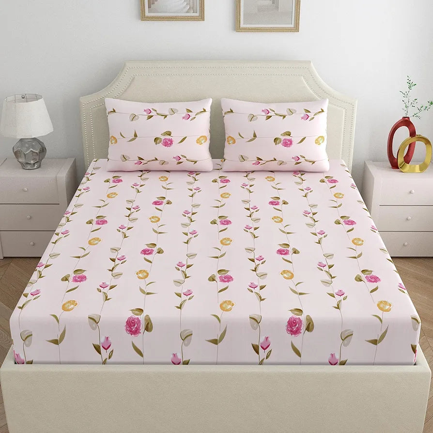 Dreamscape Microfibre Wrinkle & Fade Resistant Fitted Bedsheet for King Bed 140TC 1 Fitted Bed Sheet  with 2 Pillow Covers Pink