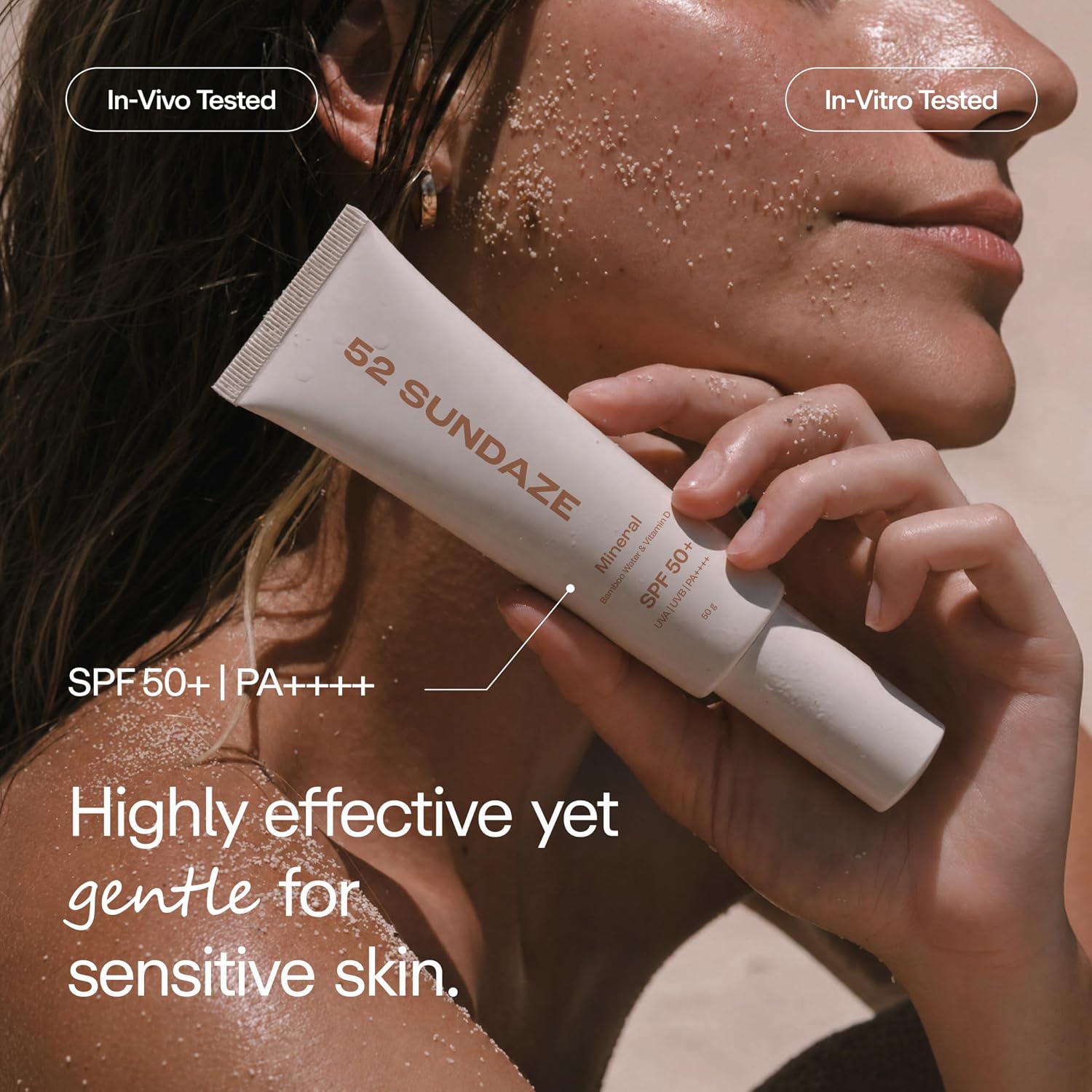 52 Sundaze 100% Mineral Sunscreen SPF 50 PA++++ | For Senitive Skin | No White Cast | In-Vivo Tested | Blue Light & Pollution Protection | No White Cast | Zinc Oxide & Iron Oxide | Fragrance Free | 50g