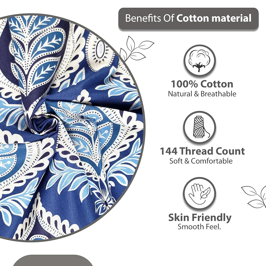 Divine Casa 144 TC 100% Cotton Double Bedsheet with 2 Pillow Covers Floral Pattern Colour Dazzling Blue