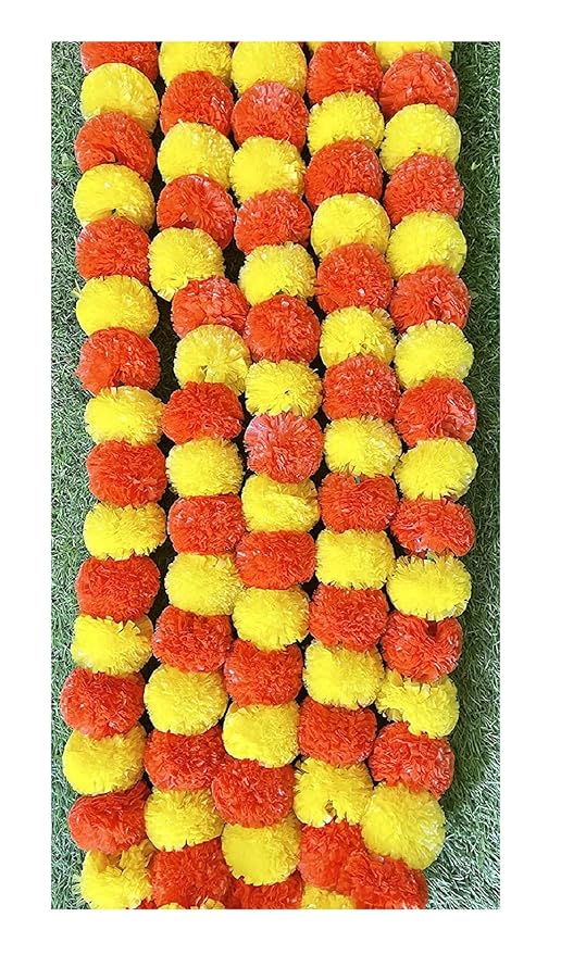 Artificial Marigold Flower Garlands Fluffy Marigold Strings Yellow &Dark Orange 5 Pcs