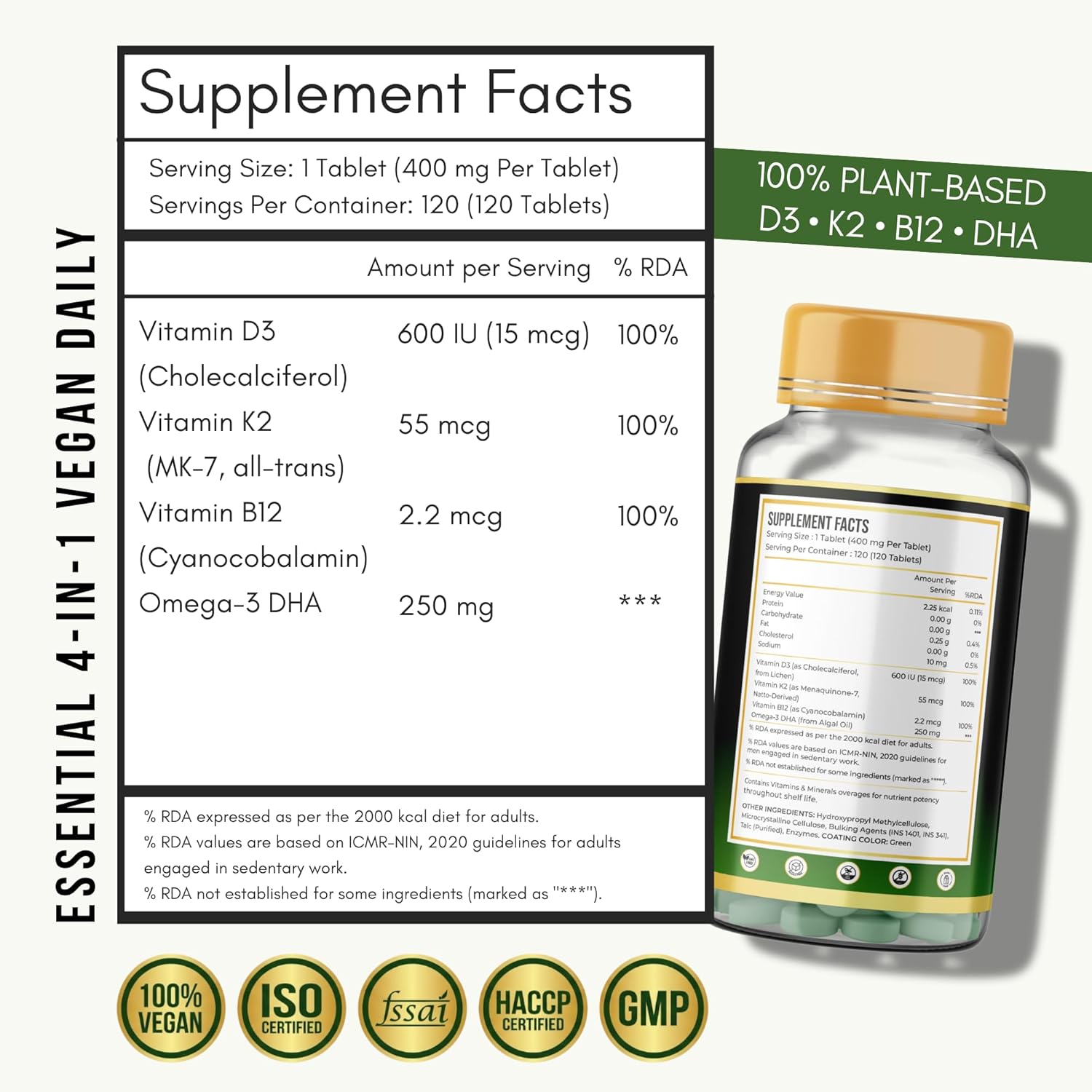 ANUPURAK Vegan D3 K2 B12 & Omega 3 DHA Tablets | 4-in-1 Daily Essential Supplement | Bone, Brain, Heart & Energy Support | D3 (Lichen) + K2 MK-7 (Natto) + B12 + 250mg Algal DHA | 120 Veg Tablets (120 Days)