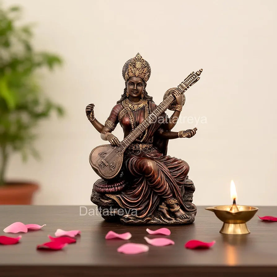 Dattatreya Polyresin Bonded Bronze Maa Saraswati Idol Statue Murti for Puja - 6 Inch