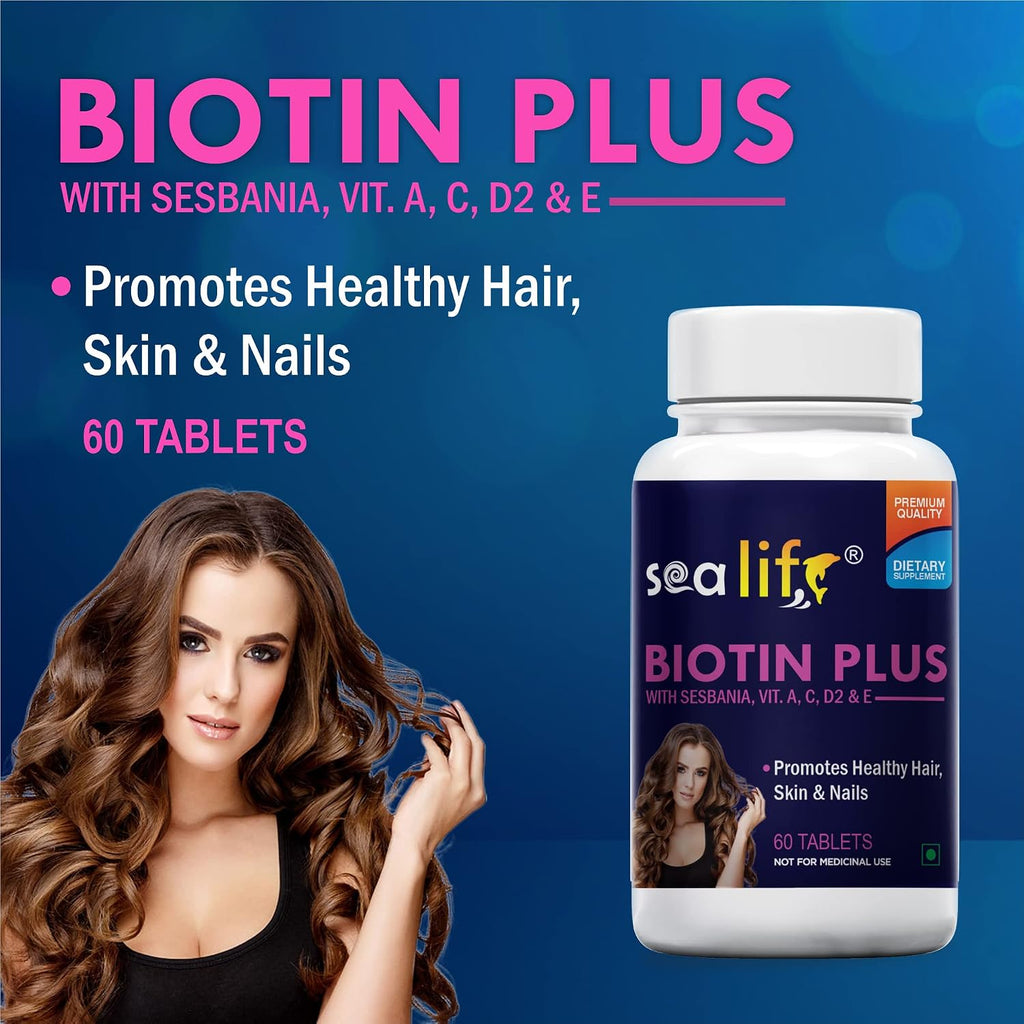 Sea Life Biotin Plus Tablets Prevent Hair Loss and Promotes Healthy Hair Growth | Glowing Skin And Longer Nails with Multivitamins & Sesbania Extract (60 Tablets Each) For Men and Women (Pack of-1)