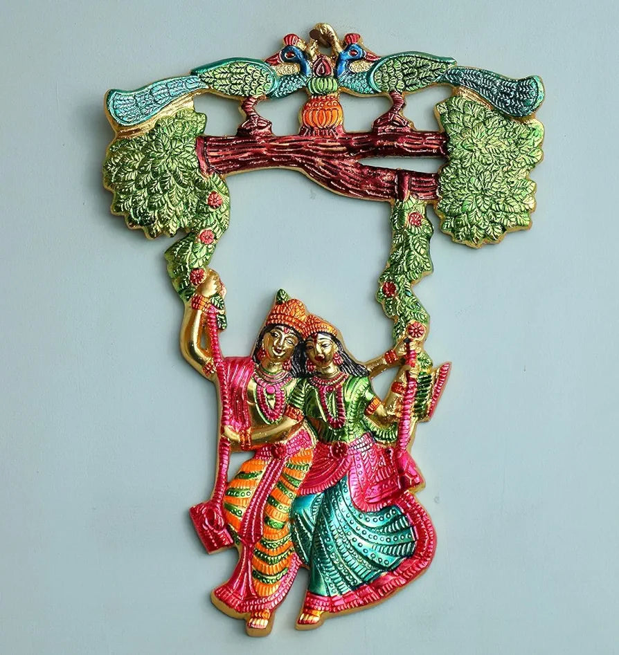 Chhariya Crafts Metal Radha Krishna Tree Jhula and Ganesha Wall Hanging Art Decorative Showpiece