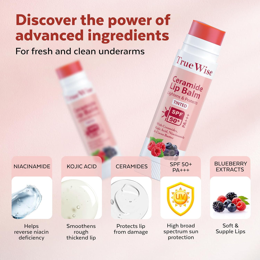 TrueWise Tinted Lip Balm with SPF 50 PA+++ | Brightening Pink Lip Balm For Dark Lips | Ceramides & Kojic Acid,Vitamin E, Soft, Glossy Lips for Women 5g