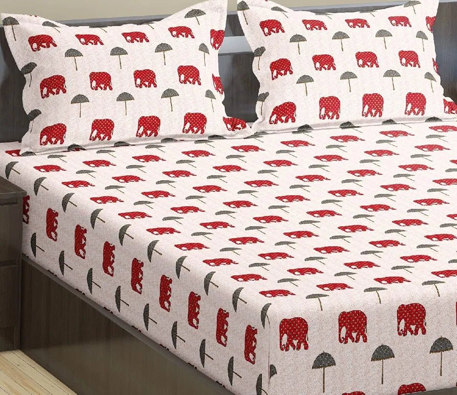 Trance Home Linen 180Tc 100% Cotton 78"X72" Standard King Size Elastic Fitted Bedsheet Printed King Bed Size With 2 Pillow Covers 180 TC Colour Ambari Red