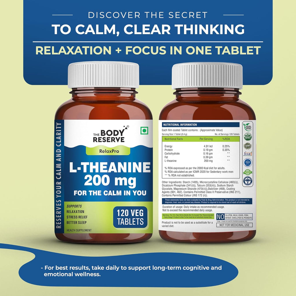 The Body Reserve L-Theanine 200mg 120 Veg Tablets L Theanine Supplements Supports Stress Relief, Reduce Anxiety, Brain Health & Promotes Relaxation