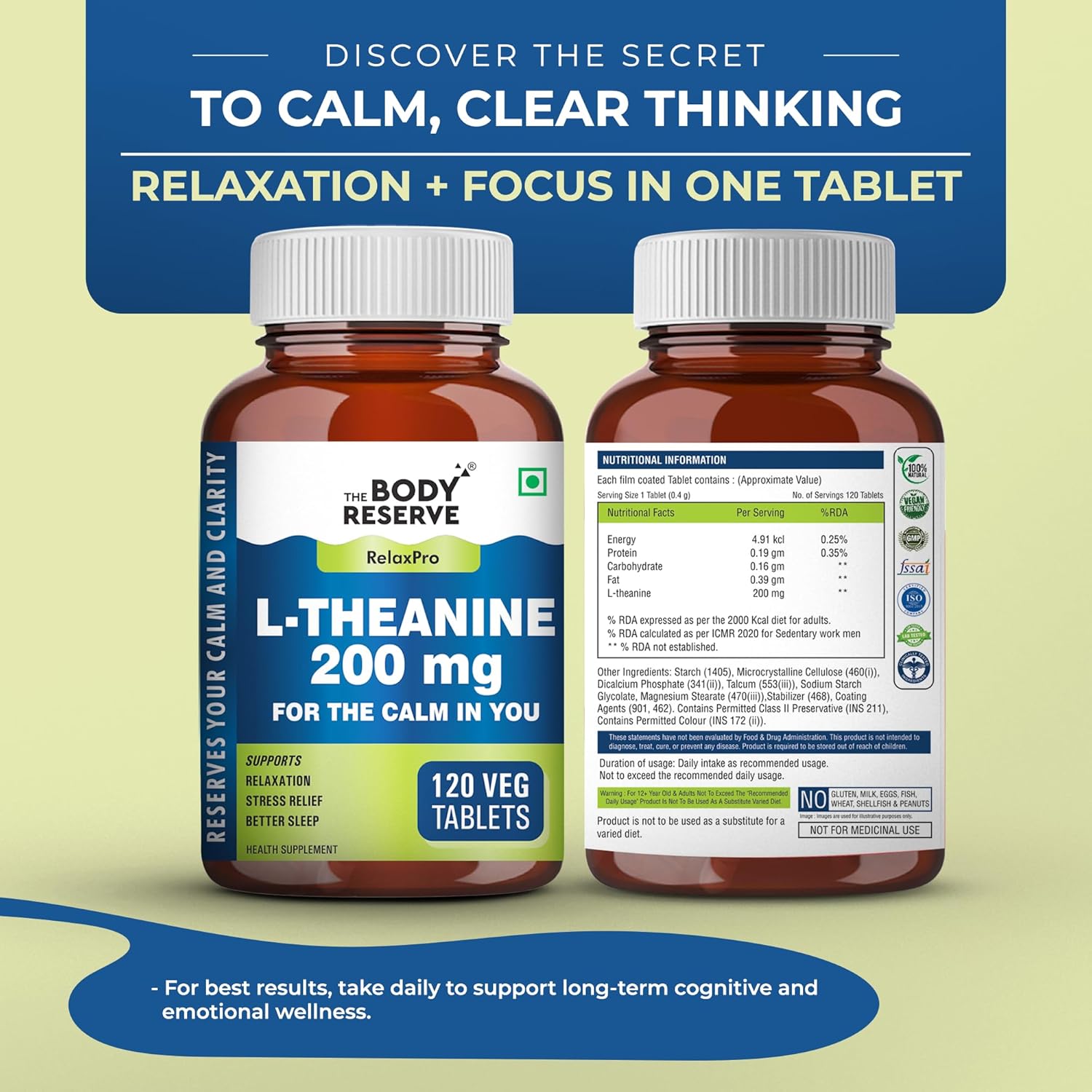 The Body Reserve L-Theanine 200mg 120 Veg Tablets L Theanine Supplements Supports Stress Relief, Reduce Anxiety, Brain Health & Promotes Relaxation