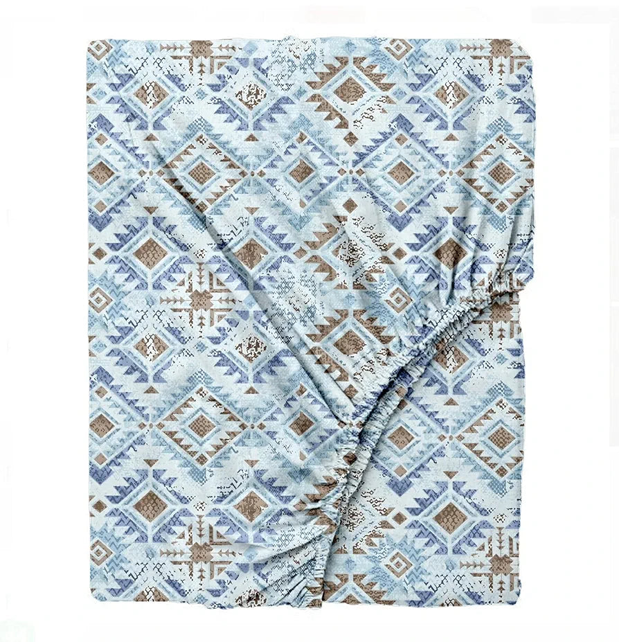 Trance Home Linen 100% Cotton 180 TC Bedsheet Queen Size Printed Fitted Bedspread with 2 Pillow Covers Silken Colour Mosaic Blue