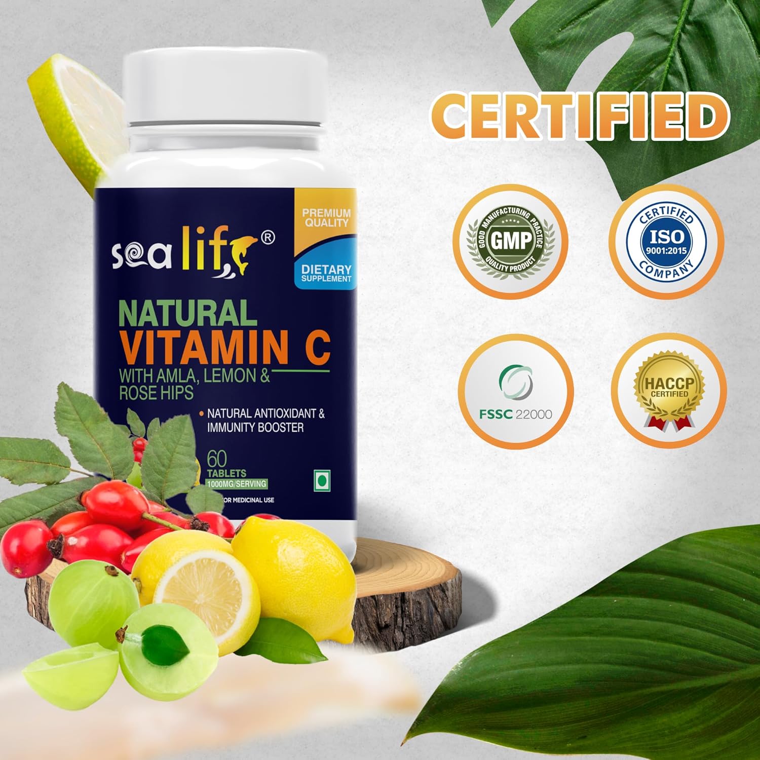 Sea Life Natural Vitamin C 1000 mg (60 Veg Tablets) sourced from 100% Natural Amla, Lemon & Rose Hips Extracts | Promotes Glowing Skin | Immunity Booster & Antioxidant | _Parent (Pack of-1)