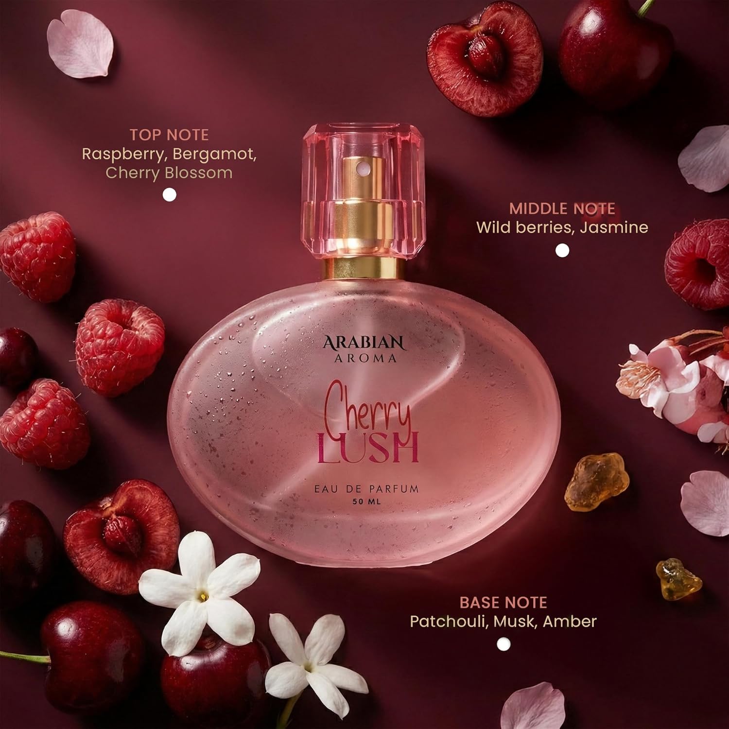 Arabian Aroma Cherry Lush Eau De Parfum for Women, Long Lasting Fruity Floral Perfume with Raspberry, Cherry Blossom, Jasmine, Musk & Amber, 50ML
