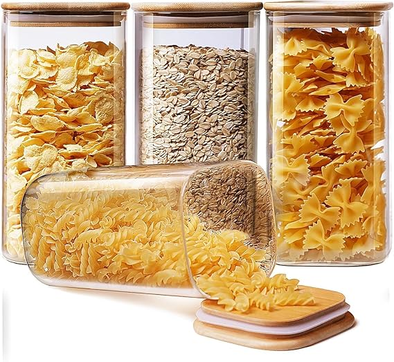 Femora Kitchen Storage Jars Borosilicate Glass Jar With Wooden Lid Air Tight Jar | 1000 Ml | Pack of 4