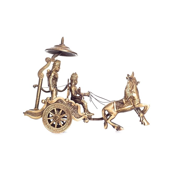 Ecraftindia Antique Krishna Arjuna Rath Brass Showpiece | Brown