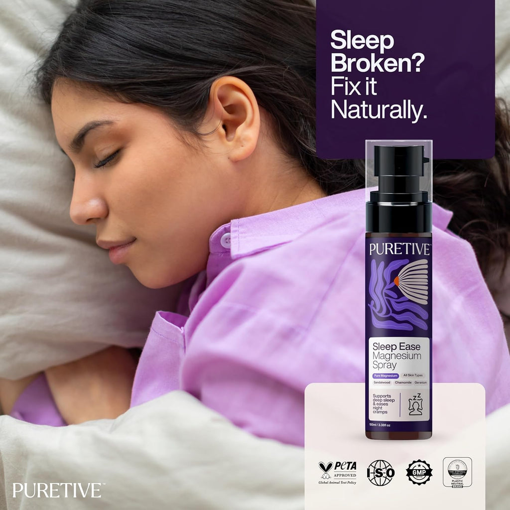Puretive Sleep Ease Magnesium Oil â€“Natural Transdermal Topical Magnesium for Pain Relief & Fast Muscle Recovery & Deep Sleep Fast Absorbing | Calms Night-Time Restlessness | Promotes Relaxation & Better Sleep Quality | 100 ml