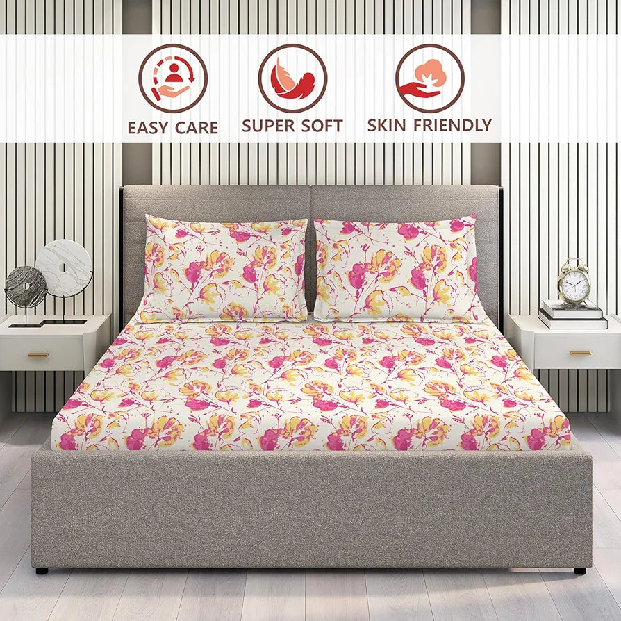 Layers Lumina Floret Cotton Bedsheet Set for All Seasons Lightweight 144 TC King Size Beige Flower